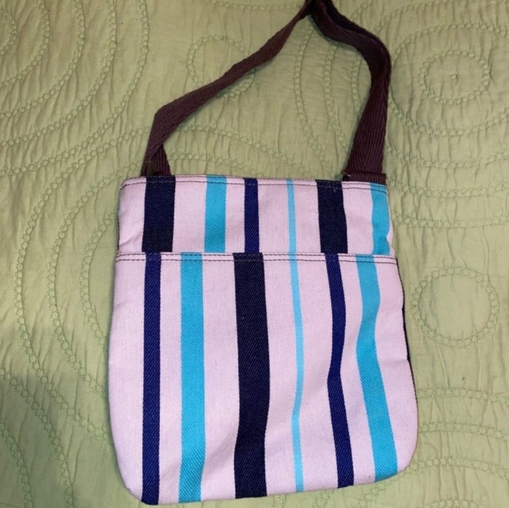 Thirty One Organizing Crossbody Tote In Blue Twill Stripe Adjustable And Pockets - Picture 13 of 17